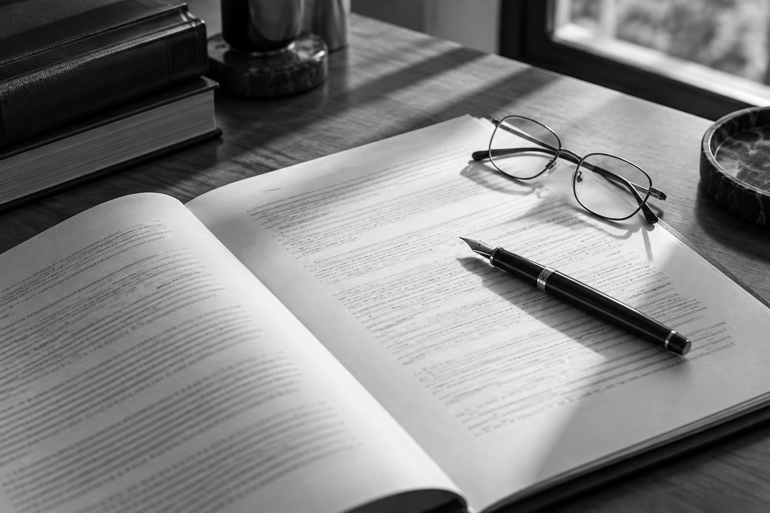 Open legal contract with a fountain pen and reading glasses on a wooden desk